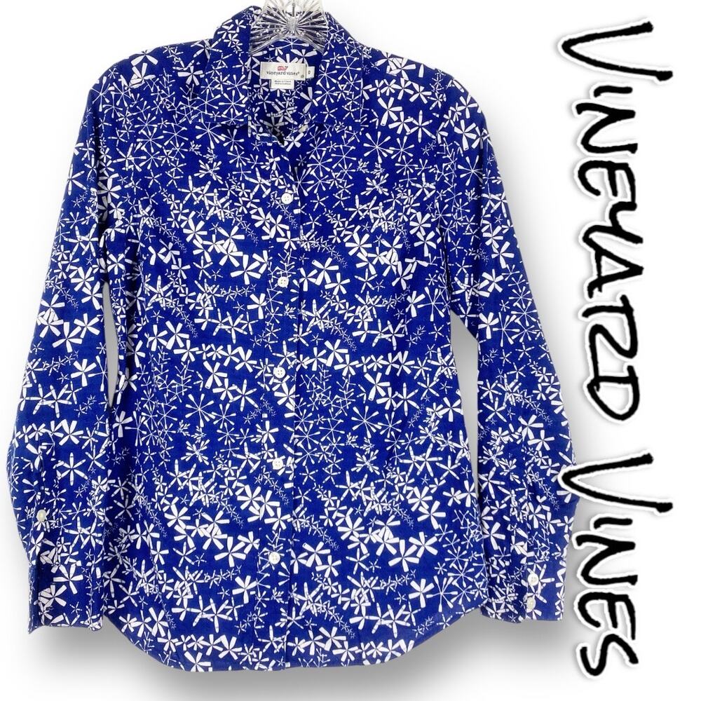 Vineyard Vines Blue Becket Paddle Print Button Down Shirt Long Sleeve Women Sz 0